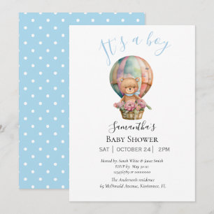 Boy Teddy Bearly Wait Hot Air Balloon Blue   Announcement