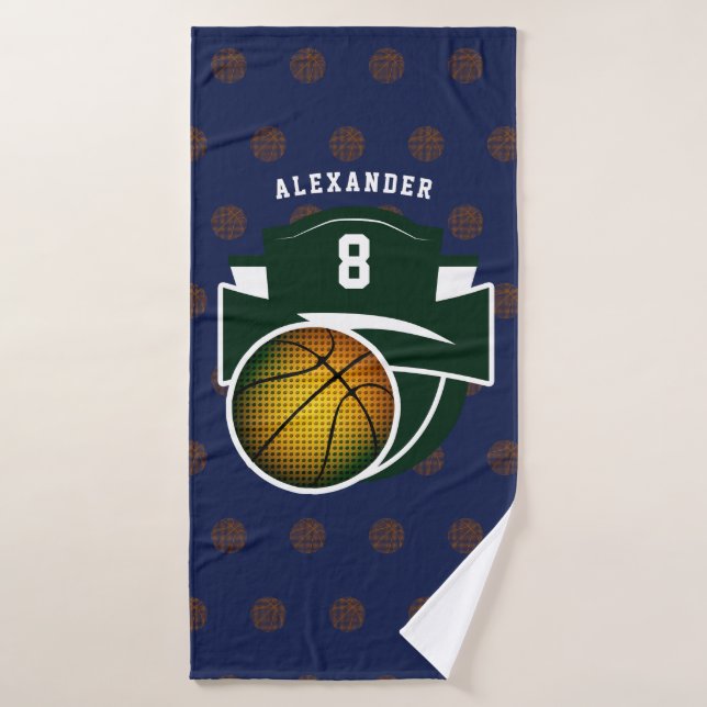 Boy Teen Basketball Sports Green Navy White Name Bath Towel (Bath Towel)