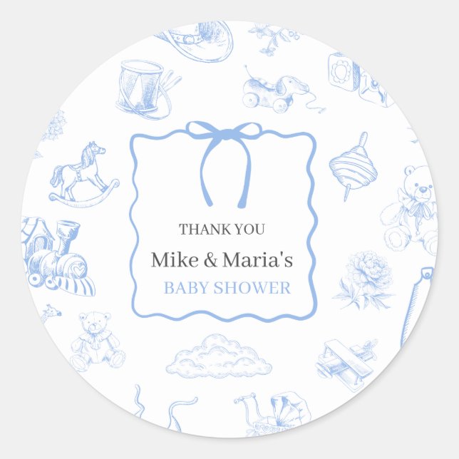 Boy Toile De Jouy Blue Baby Shower Classic Round Sticker (Front)