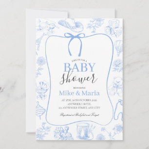 Boy Toile De Jouy Blue Baby Shower Invitation