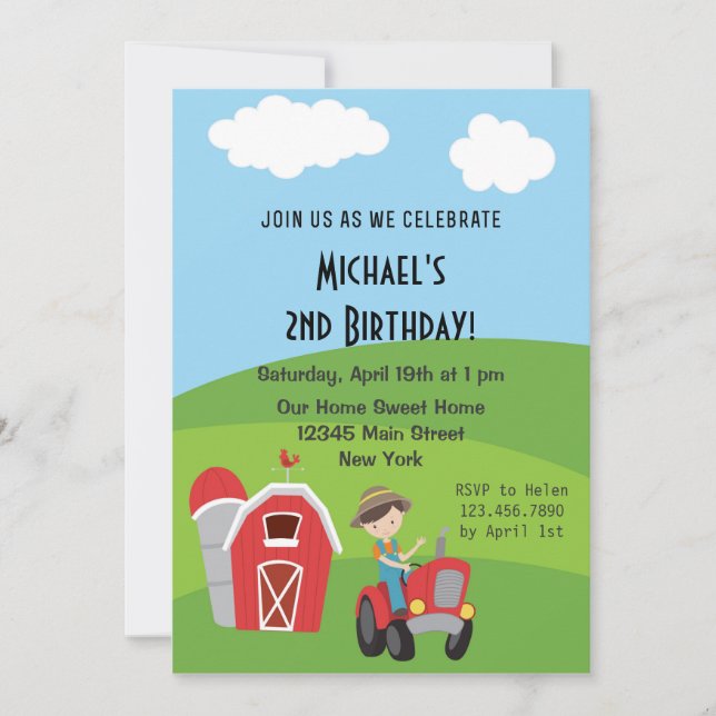 Boy Tractor Farm Birthday Party Invitation (Front)