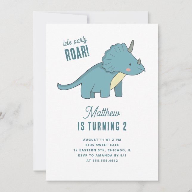 Boy Triceratops Birthday. Blue Dinosaur Kids Party Invitation (Front)