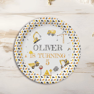 Boy Truck Construction Party Birthday Yellow Grey Paper Plate