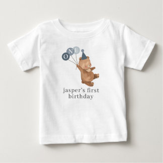 Boy Twin (Left) - Bear Party Hat - 1st Birthday Baby T-Shirt