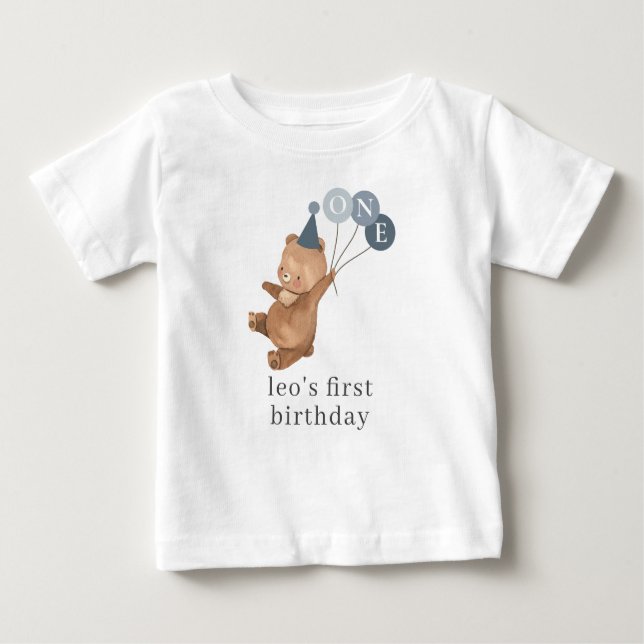 Boy Twin (Right) - Bear Party Hat - 1st Birthday Baby T-Shirt (Front)