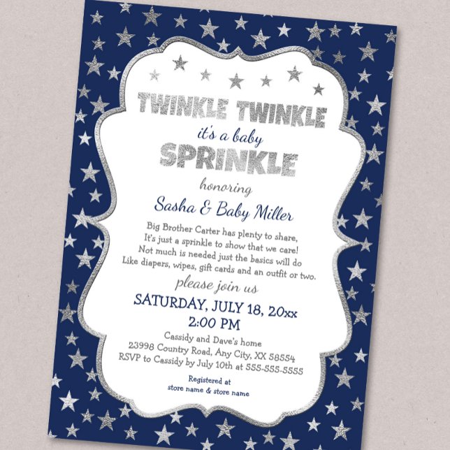 Boy Twinkle Baby Sprinkle, navy silver invitations (Creator Uploaded)
