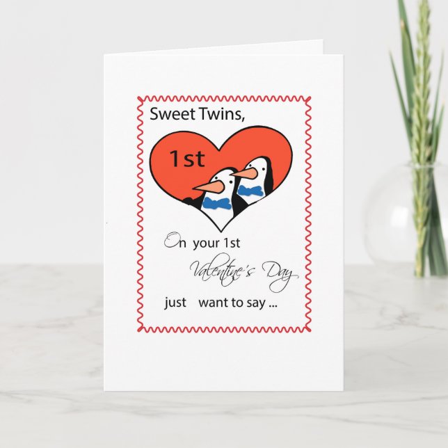 Boy Twins, 1st Valentine's Day Cute Penguin Holiday Card (Front)