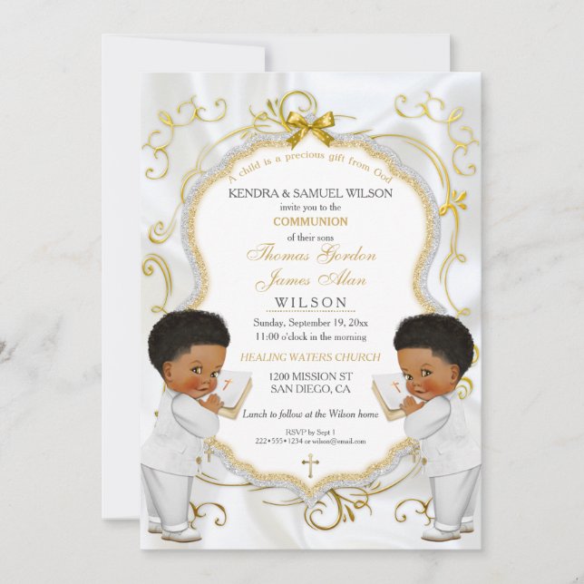 Boy Twins Baptism Christening Communion Ethnic Invitation (Front)
