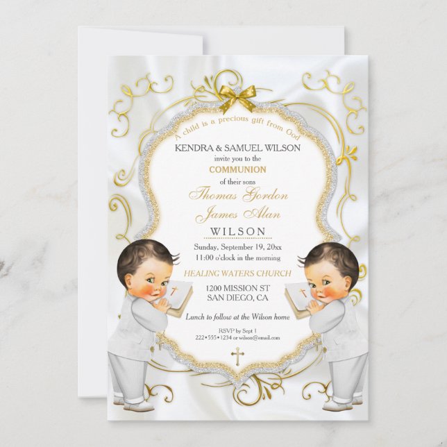 Boy Twins Baptism Christening Communion Invitation (Front)
