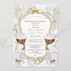 Boy Twins Baptism Christening Gold Cross Ethnic Invitation