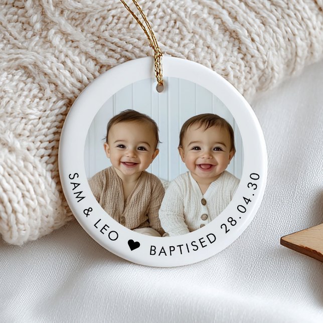 Boy Twins Baptism Photo Keepsake Ceramic Tree Decoration (Zazzle Boy Twins Baptism Photo Keepsake Ceramic Ornament)
