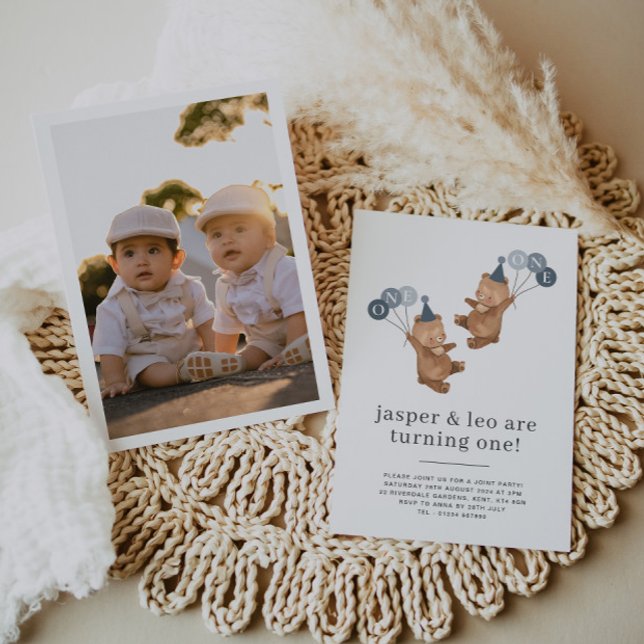 Boy Twins - Bears Party Hats - 1st Birthday Photo Invitation (Boy Twins - Bears Party Hats - 1st Birthday Photo Invitation)