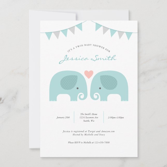 Boy Twins Elephant Baby Shower Invitation (Front)