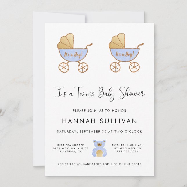 Boy Twins Retro Carriage Watercolor Shower Invitation (Front)