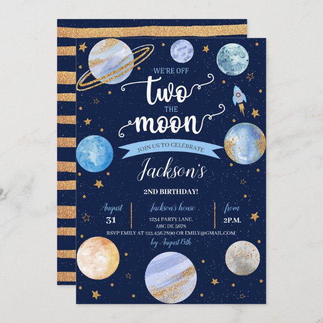 Boy Two The Moon Space Birthday  Invitation (Front/Back)