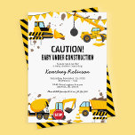 Boy Under Construction Baby Shower Invitation<br><div class="desc">Construction themed baby shower invitations featuring a simple white background,  cute illustrations of bunting,  stop signs,  a dump truck,  a digger,  a cement truck,  a wrecking ball crane,  splatters of dirt,  and a modern 'baby under construction' template that is easy to personalise.</div>