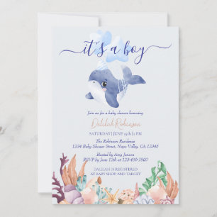 Boy Under the Sea Whale Watercolor Baby Shower Invitation