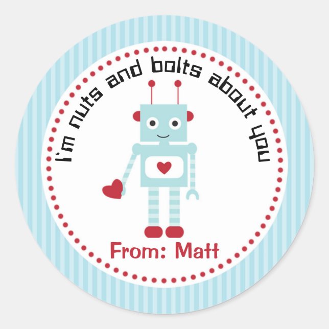 Boy Valentine Stickers (Robot with Hearts) (Front)