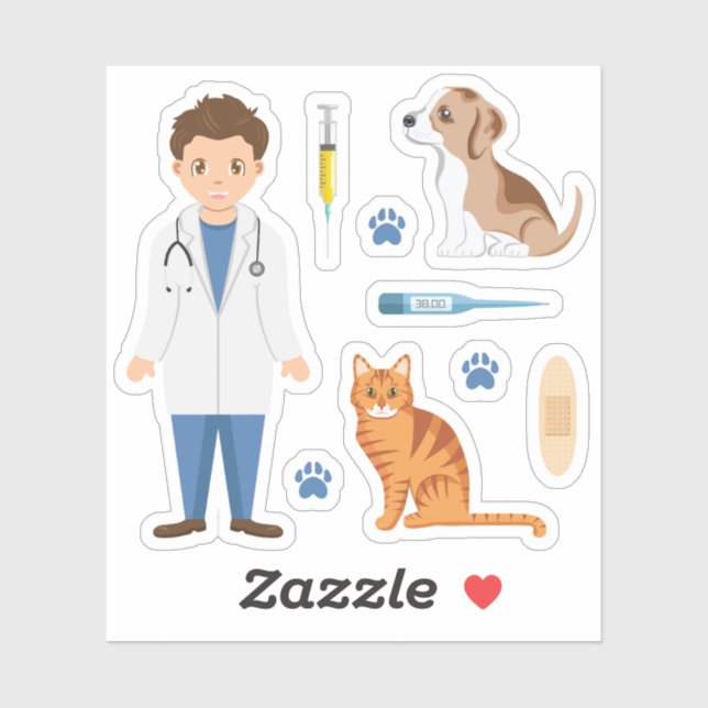Boy Veterinarian With Puppy Cat And Vet Things (Sheet)