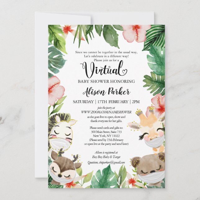 Boy Virtual Baby Shower | Masked Safari Friends Invitation (Front)