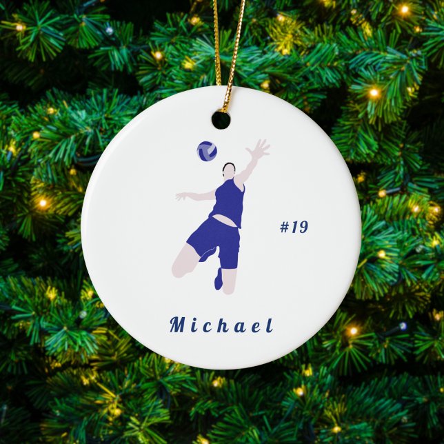 Boy Volleyball Player Blue Name & Number Ceramic Tree Decoration (Creator Uploaded)