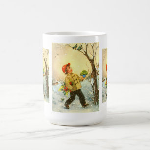 Boy walking in snow coffee mug