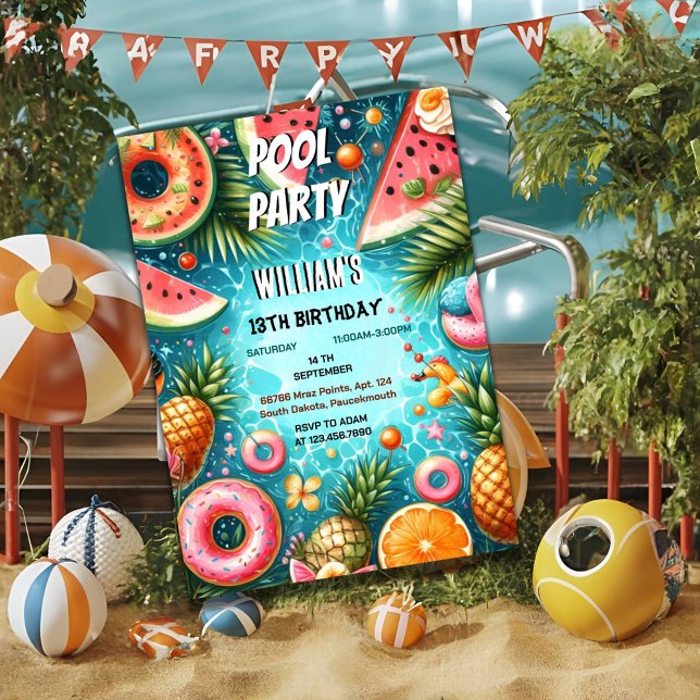 boy water blue Cool Pool Party 13th Birthday Invitation (Creator Uploaded)