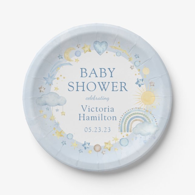 Boy Watercolor Rainbow Baby Shower Paper Plate (Front)