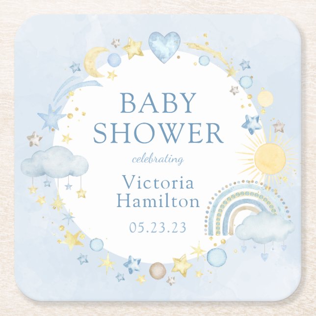 Boy Watercolor Rainbow Baby Shower Square Paper Coaster (Front)