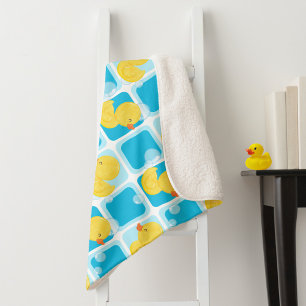Boy Watercolor Rubber Duck Checkered Large Sherpa Blanket