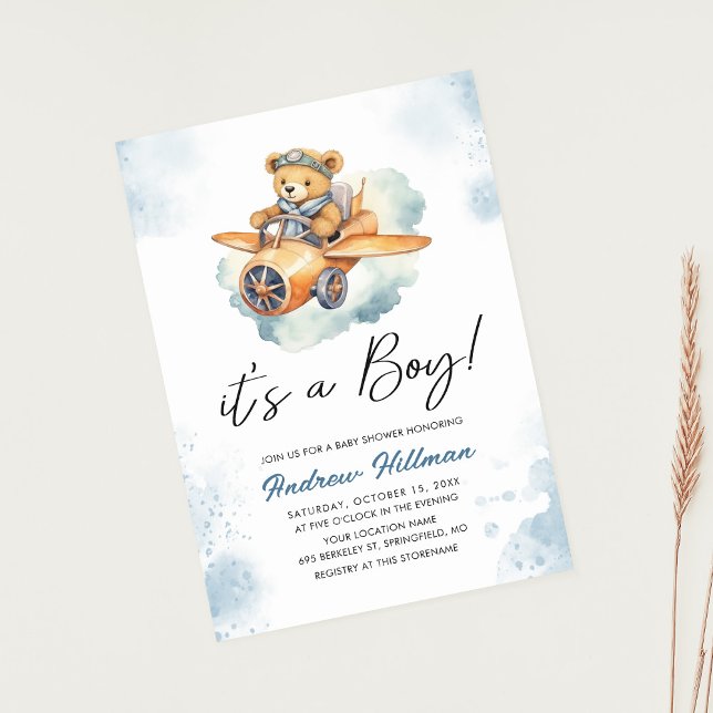 Boy Watercolor Teddy Bear Baby Shower Invitation (Creator Uploaded)