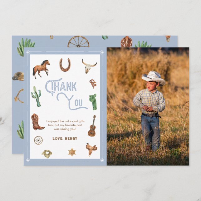 Boy Western First Birthday Rodeo Thank You Card (Front/Back)