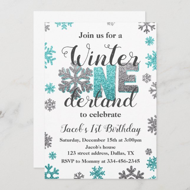 Boy Winter ONEderland Birthday Invitation Glitter (Front/Back)