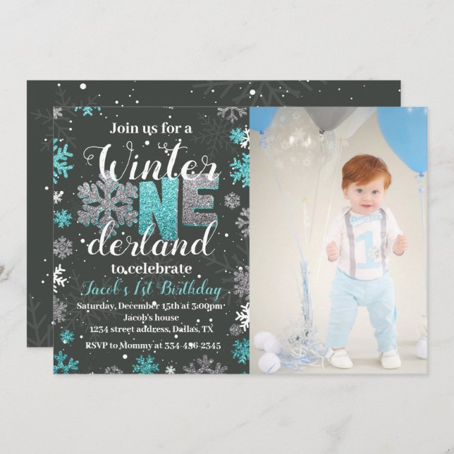 Boy Winter Onederland Birthday Invitation Photo (Front/Back)