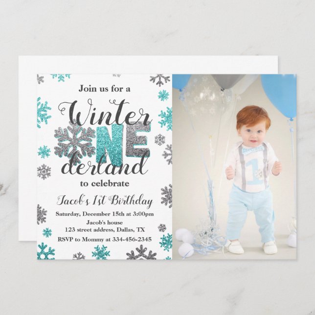 Boy Winter ONEderland Birthday Invitation Photo (Front/Back)