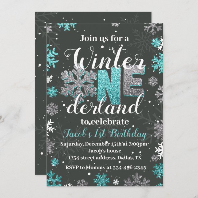 Boy Winter Onederland Birthday Invitation Silver (Front/Back)
