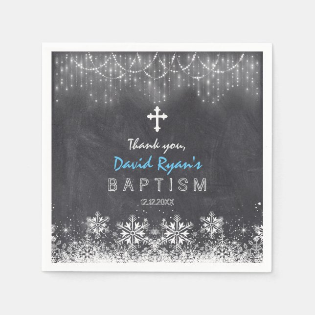 Boy Winter String Lights Snowflakes Chalk Baptism Napkin (Front)