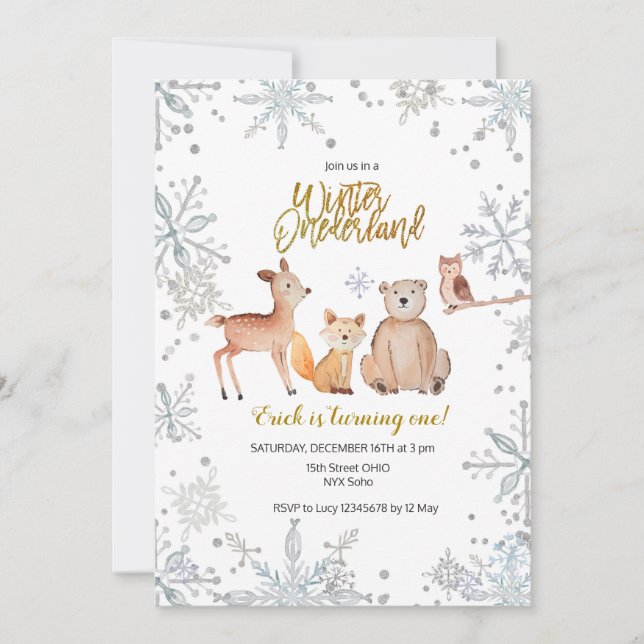 Boy Winter woodland girl 1st birthday watercolor Invitation (Front)