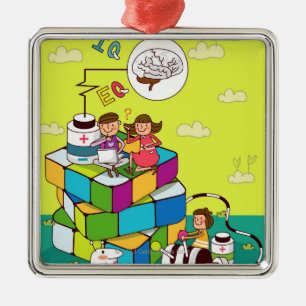 Boy with a girl sitting on a Rubik's cube puzzle Metal Tree Decoration