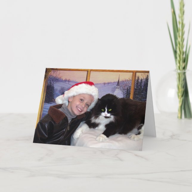 Boy with cat at Christmas Holiday Card (Front)