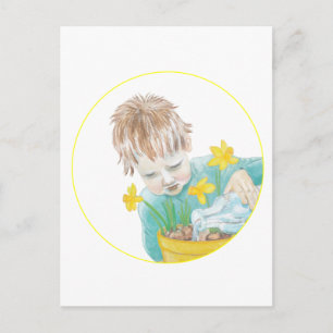 Boy With Daffodils Holiday Postcard