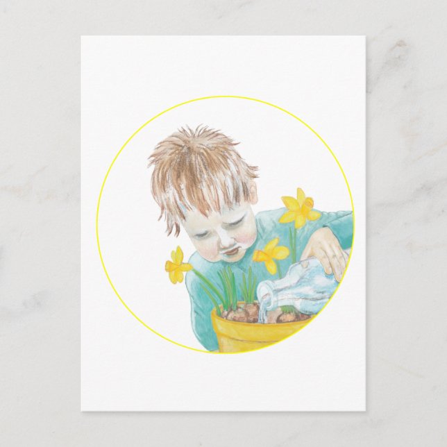 Boy With Daffodils   Holiday Postcard (Front)