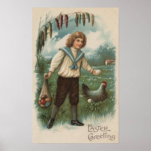 Boy with Easter Egg Basket Holding Egg Poster (Front)