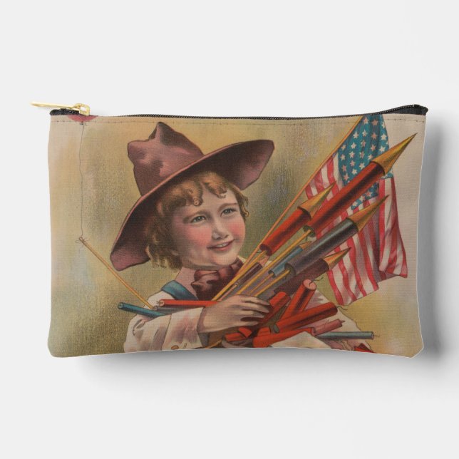 Boy with Fireworks, American Flag, Patriotic Print Accessory Pouch (Front)