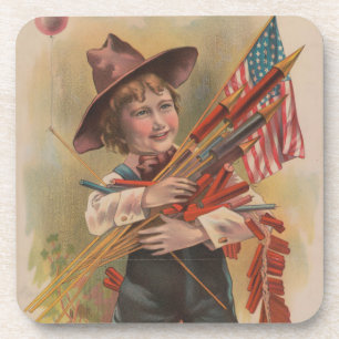 Boy with Fireworks, American Flag, Patriotic Print Coaster