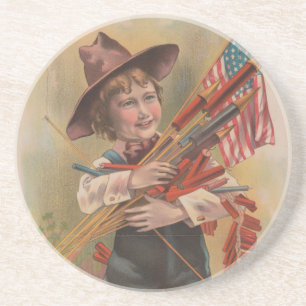 Boy with Fireworks, American Flag, Patriotic Print Coaster