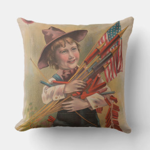 Boy with Fireworks, American Flag, Patriotic Print Cushion