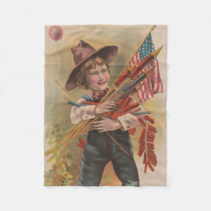 Boy with Fireworks, American Flag, Patriotic Print Fleece Blanket