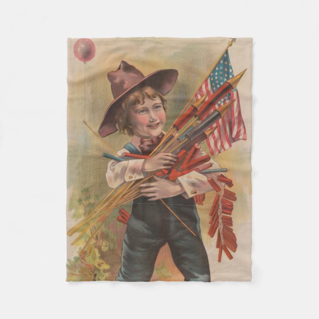 Boy with Fireworks, American Flag, Patriotic Print Fleece Blanket (Front)