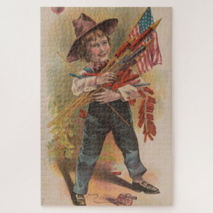 Boy with Fireworks, American Flag, Patriotic Print Jigsaw Puzzle